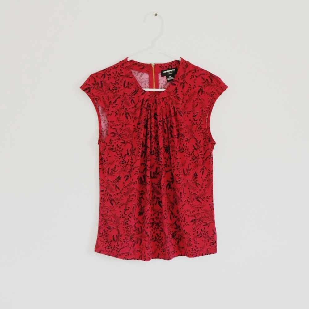 Liz Clairborne Career Petite PS Classy Red Blouse With Black Floral/Leaf Designs